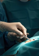 手術中にピンセットを扱う手袋をした手（ai生成画像）