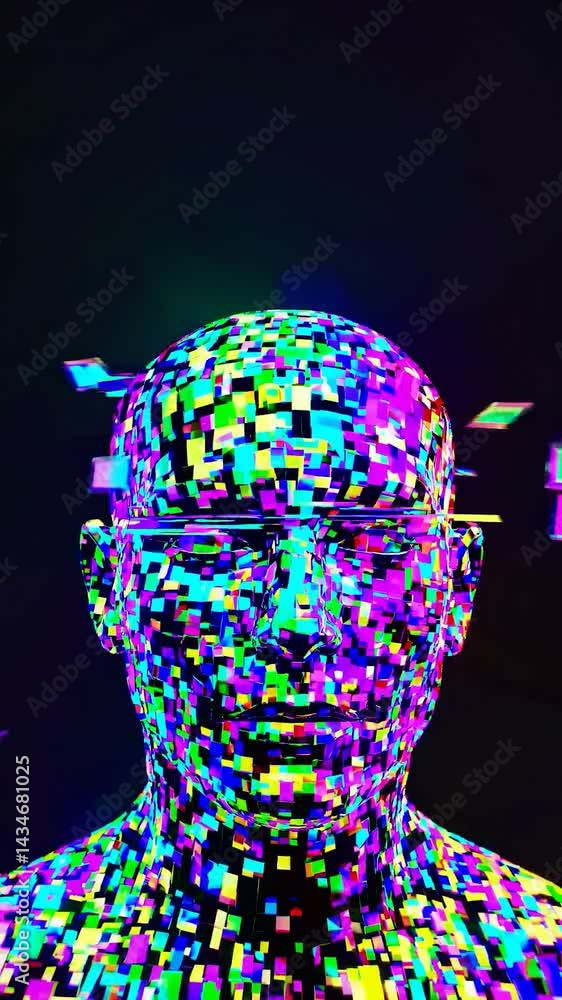 Aufkleber pixelated human head glitching and transforming, dynamic cubes swirling around dark abstract space, 
