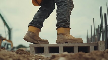 Construction Worker Walking on Concrete Blocks
