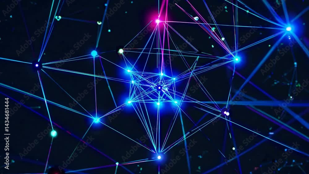Poster glowing plexus network transforming and connecting with light rays, creating a dynamic visual repres