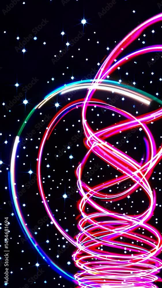 Poster colorful neon light trails form a mesmerizing spiral against a backdrop of twinkling stars, creating