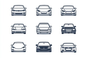 Front view car icons; various models; white background; automotive design