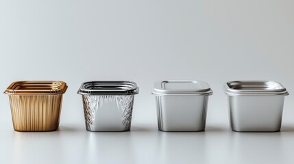 Realistic Close-up Photography of Aluminium Food Containers in Various Designs and Finishes