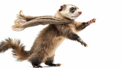 Fototapeta premium Ferret in Contemporary Dance Outfit Leaps Gracefully With Extended Paw in Folsom Lake, California
