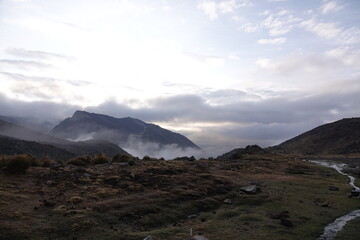 Naklejka premium Waking up Above the Clouds, Ausangate trek, Peru