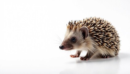 Fototapeta premium Close-up of a solitary hedgehog against a stark white backdrop, clipart, white background photography