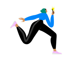 Woman using smartphone on the go. Modern happy smiling girl character hurrying, looking at mobile phone, running with cellphone on street. Flat vector illustration isolated on white background 