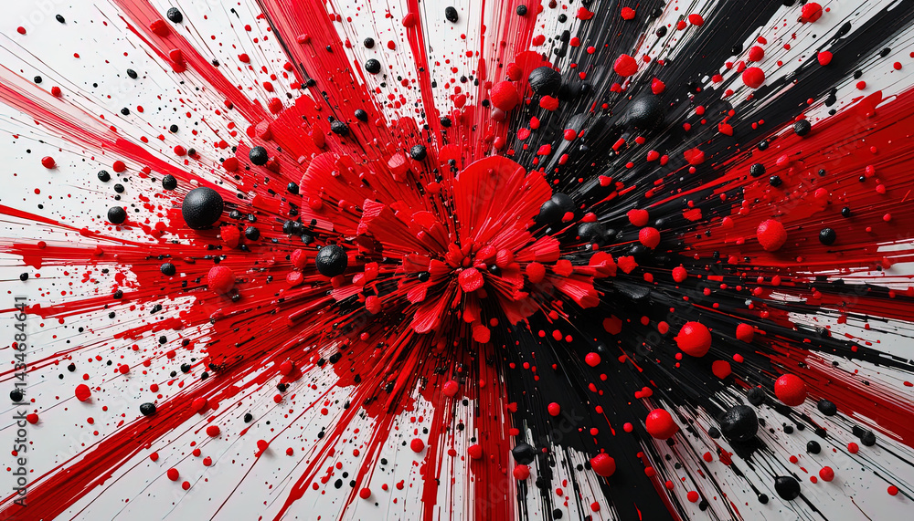 Poster dynamic display of vibrant red and black paint splatters radiating outward from a central point, cre