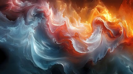 A mesmerizing blend of smoke, clouds, and waves unfolds in a vibrant dance of color. Cool blues morph into fiery oranges, evoking movement and transformation. Abstract Medical Pain