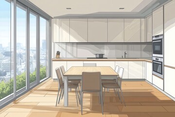 A minimalist beige and white kitchen interior with a dining table, chairs, oven, and microwave appliances displayed in the image.