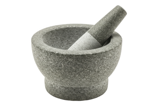 Gray stone mortar and pestle for grinding herbs and spices isolated on transparent background
