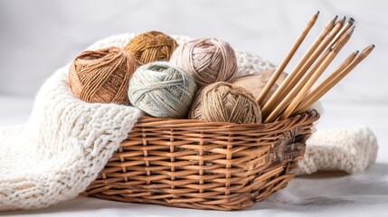 Obraz premium Cozy Knitting Supplies in a Woven Basket