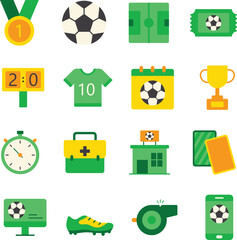 Soccer illustration set. Includes of ball, goal, player, kick, team, sport, field, and More. Vector flat color collection