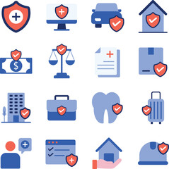 Insurance illustration set. Includes of shield, policy, safety, secure, protection, coverage, and More. Vector flat color collection