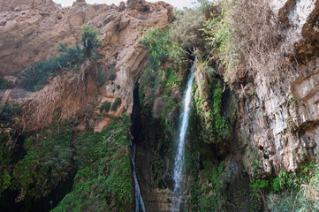 A waterfall is flowing down a rocky cliff