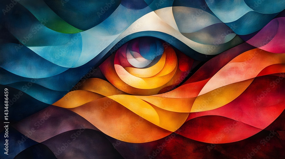Poster dynamic abstract art featuring layered, colorful ribbons with a textural, fluid quality. a central e