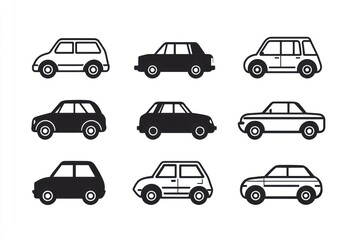 Nine car icons, various styles, white background, website design