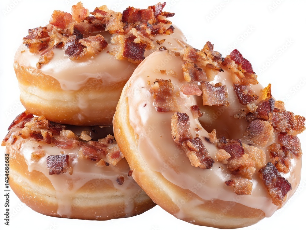 Poster a stack of three donuts with a glaze and bacon topping on a white background. donut with cream