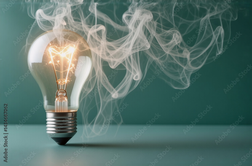 Poster a glowing light bulb emits smoke against a solid green backdrop, creating a contrasting and conceptu
