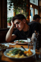 Brooding by a sunlit window in the restaurant as he waits for his food to arrive, contemplatively pondering the nature of his existence.