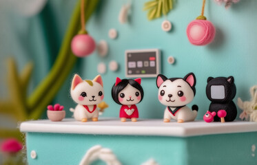 Adorable miniature animal figurine a cat, girl, husky, and bear sit on a teal counter in a whimsical, handcrafted scene. Surrounding them are pastel decorations and plants.