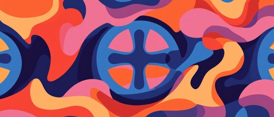 Vibrant abstract seamless pattern with fluid shapes and geometric cross, colorful background for textile design, wallpaper, or creative graphic project