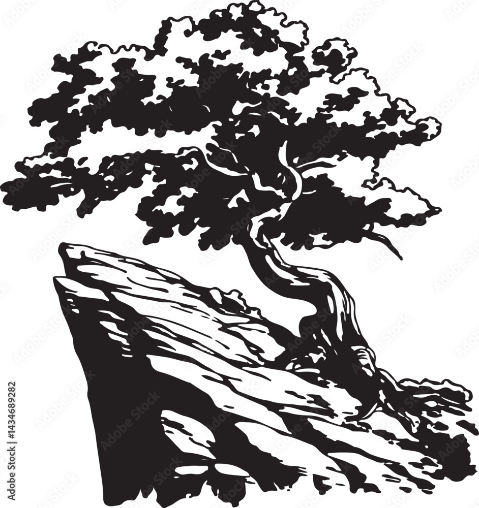 Poster minimalist black and white sketch of a rugged old tree with twisted trunk growing from rocks in a co