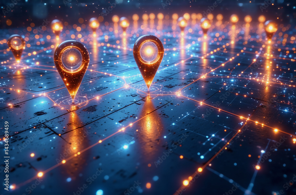 Poster glowing location markers illuminate a complex network, symbolizing global connectivity and data flow