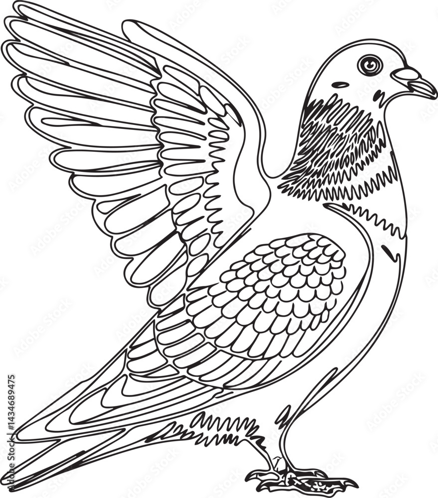 Aufkleber continuous black line art sketch of a pigeon standing on the ground in minimal style with a clean wh