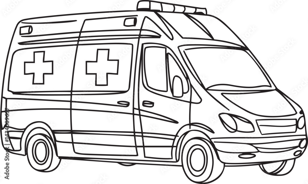 Poster black line art sketch of a medical ambulance van with red cross symbol in a continuous minimalist st