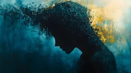 Fotobehang Abstracte kunst A captivating abstract art piece featuring a dark silhouette against a vibrant backdrop of cool blues and warm golds. Expressive brushstrokes sense of emotional depth. Abstract Medical Background.  © ainynoer