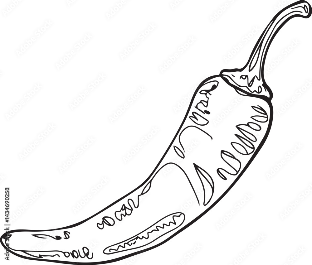 Poster hot chili pepper drawn in continuous black lines in a minimal style on a clean white background repr