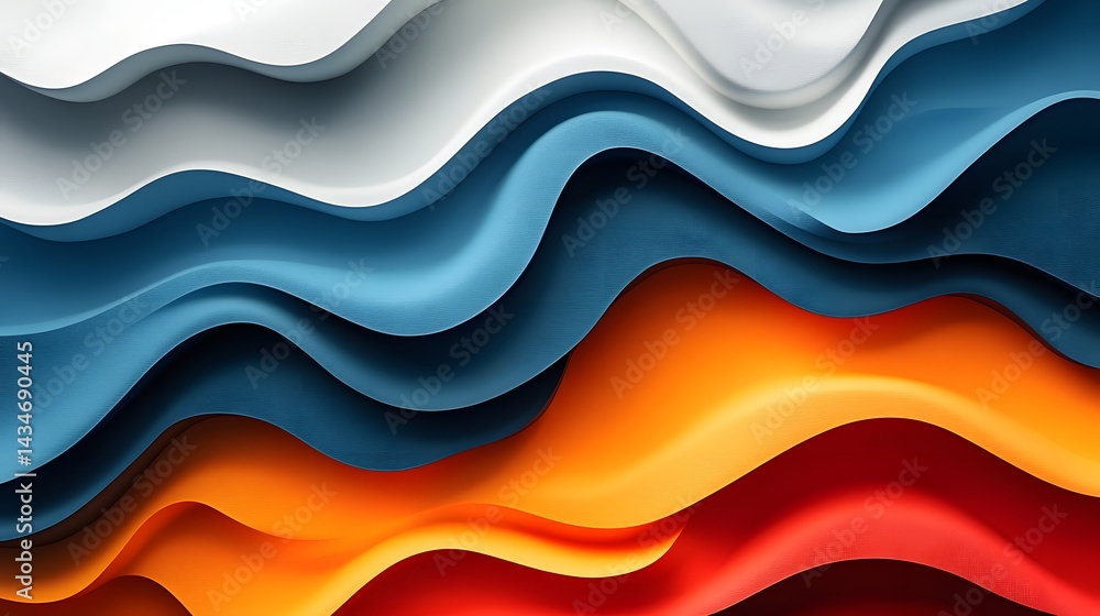 Poster Abstract curves cascade down, transitioning from serene white and blue to fiery orange and red. This dynamic composition evokes movement and depth, ideal for creative Abstract wave Background.