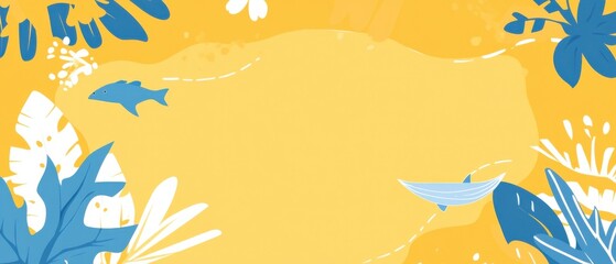 Summer yellow background with blue fish and boat, tropical leaves and flowers Concept of vacation, travel, and summer holidays