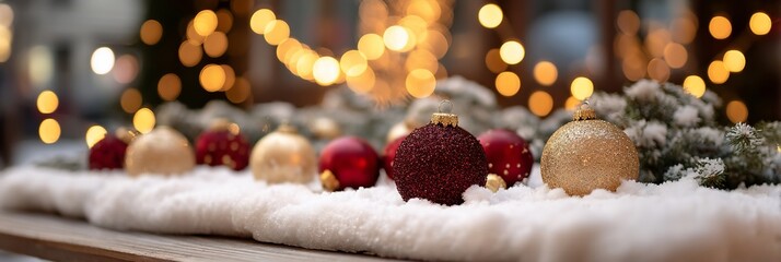 Festive Christmas decorations on snowy surface