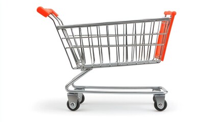 Realistic Photograph of a Metal Shopping Trolley with Orange Handle, Isolated on White Background for Retail and Marketing Use