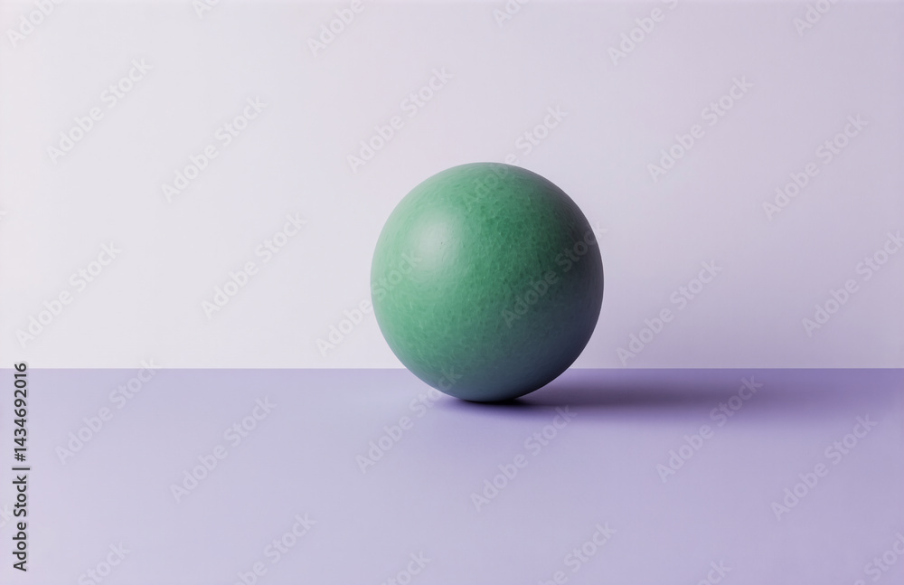 Poster a green sphere sits on a light purple surface against a white background. the simple composition emp