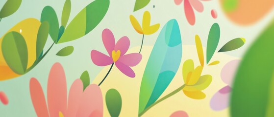 Vibrant floral pattern background with colorful flowers and leaves in a cheerful, playful design for spring and summer themes