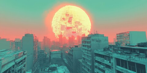 Massive, apocalyptic sun over a ruined city.