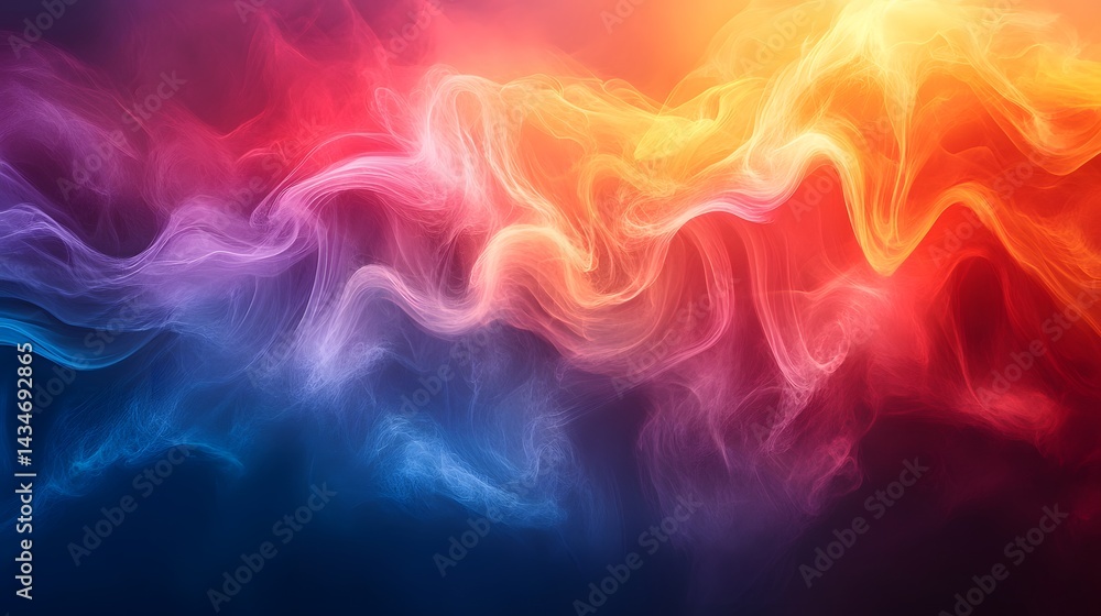 Poster ethereal waves of color transition from deep blues and purples to vibrant reds and yellows, creating
