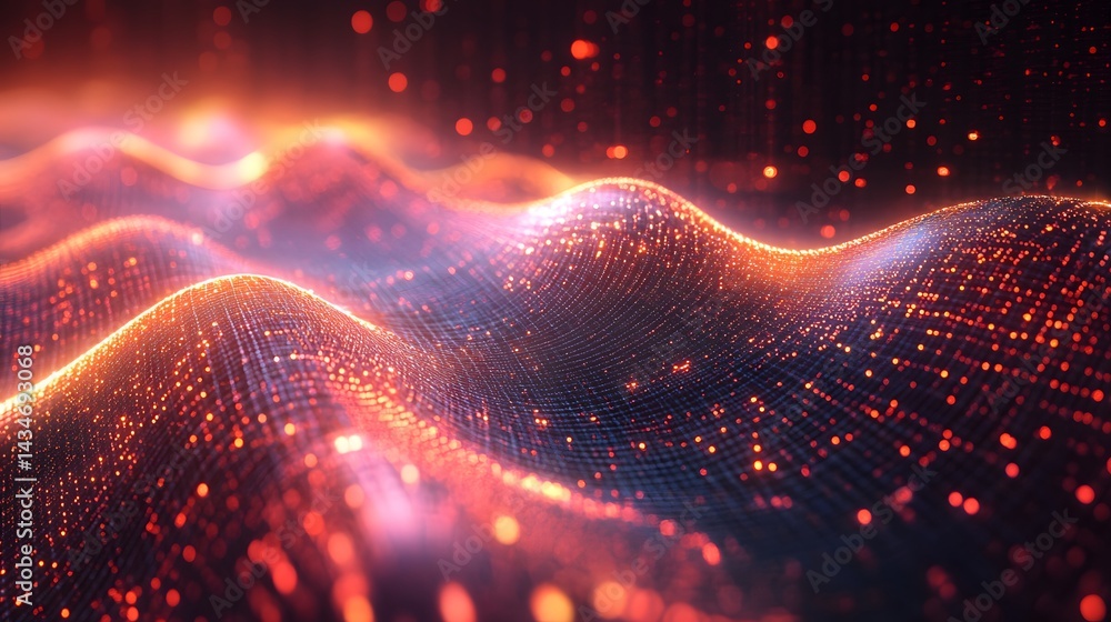 Aufkleber a futuristic digital landscape shimmers with interconnected lines and glowing red dots, creating a v