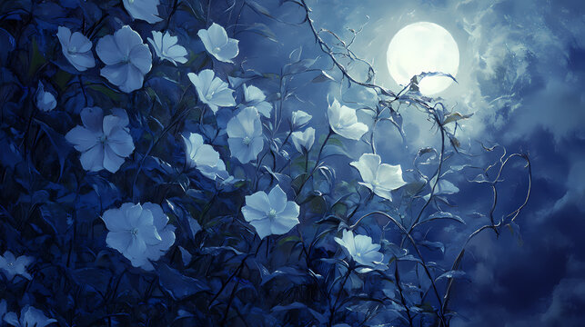 Enigmatic beauty: the allure of moonflowers under the veil of night's mystical spell. Moonflower Veil. Illustration