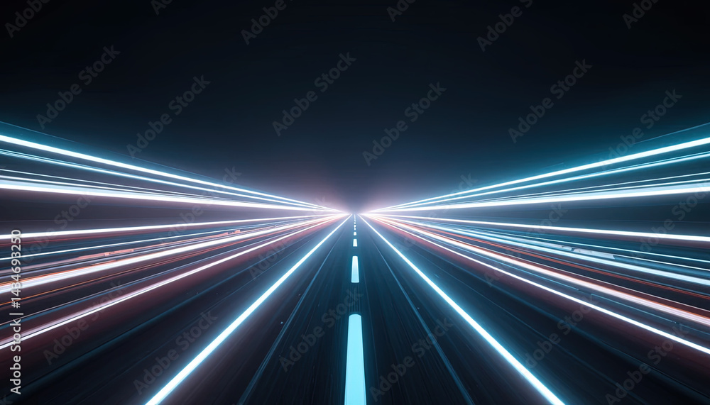 Poster digital rendering of a highway with luminous, colored lines, creating a sense of speed and futuristi