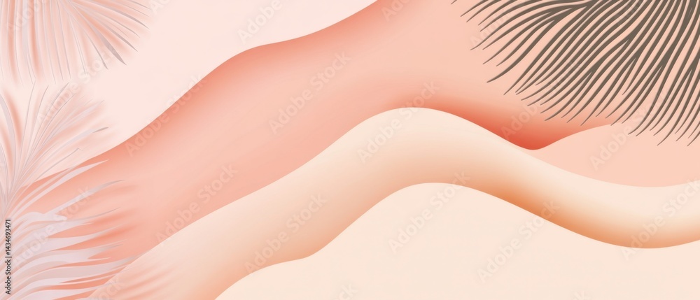 Poster abstract peach background with wavy shapes and palm leaves, creating a soft and elegant backdrop for