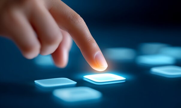 Finger touching glowing button on interactive panel