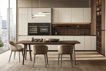 A minimalist beige and white kitchen interior with a dining table, chairs, vase, bowl, oven, and cups elegantly arranged.