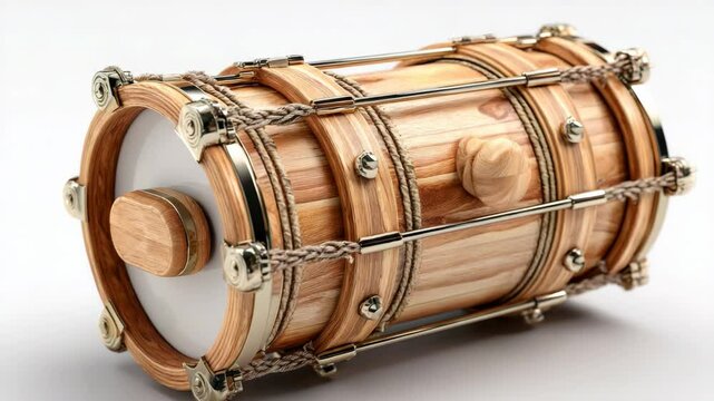 Artisan-crafted wooden doumbek drum with natural wood grain, white head, metal accents and a textured rope detail on a white surface.