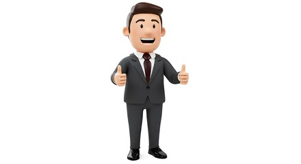 Obraz premium Cheerful Cartoon Businessman: Thumbs Up, Gray Suit, 3D Style