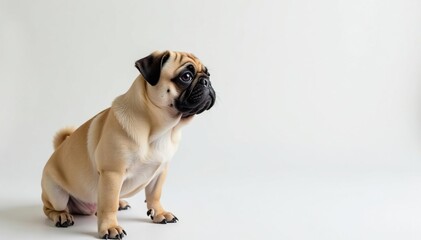 Obraz premium Solo pug, profile view on seamless white backdrop, animal photography, puppy, canine