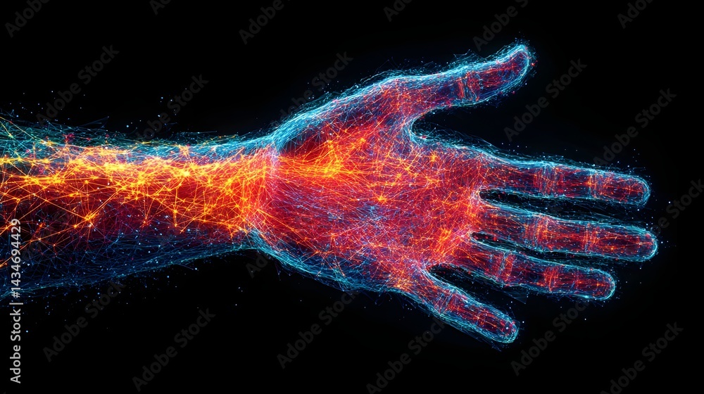 Poster futuristic hand design composed of interconnected lines against a black backdrop. vibrant colors cre